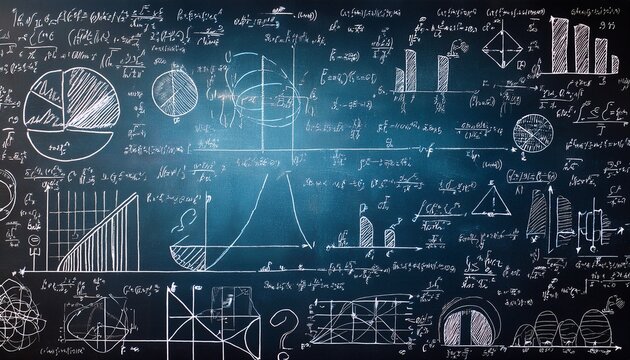 board inscribed with scientific formulas and calculations in physics and mathematics science and education background