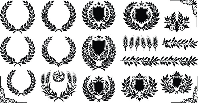 Vintage award wreath collection with medieval heraldry crest shields and wheat stalks vector, premium luxury emblem laurel set, royal championship badge.