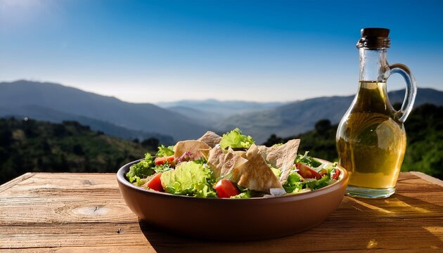 fresh fattoush salad with crispy pita bread and olive oil on a wooden table with mountain view