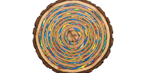 Naklejka premium Abstract Colorful Tree Rings Cross Section Artistic Wood Grain Texture Representing Creative Nature Growth Patterns