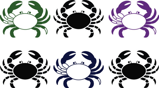 Set of six colorful cartoon crabs with different faces