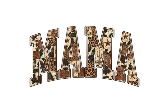 Western Mama Cowhide Leopard Print Lettering Sublimation Design