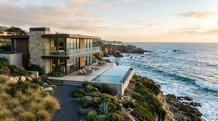 Obraz premium Modern Luxury Cliffside Villa with Infinity Pool Overlooking Ocean Waves