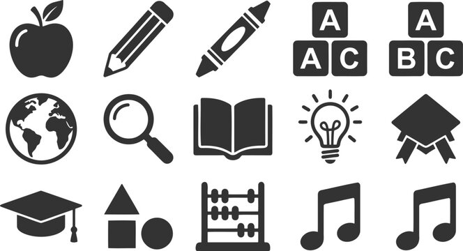 Fundamental school icons for early learning featuring alphabets globes and basic educational shapes in black silhouette