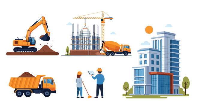 Construction industry collection featuring heavy machinery, building site under development, engineers, and a modern office block.