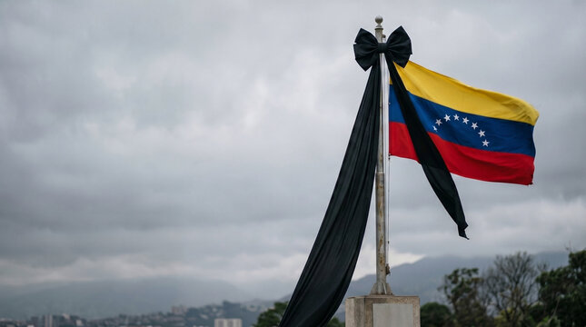 Venezuelan flag flying at half-mast with black mourning ribbon. National sign of grief and tragedy after earthquake disaster. Symbol of state emergency and public sadness in country.