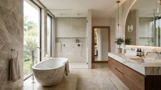Modern Luxury Freestanding Bathtub and Double Vanity in Marble Bathroom - Natural Light