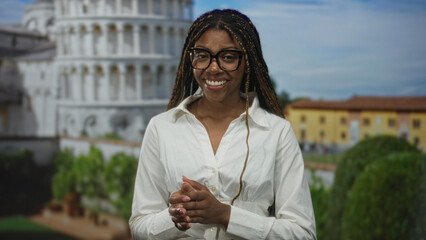 Fototapeta premium Woman clapping hands at building in pisa wearing glasses and braids, white shirt and smiling; travel joy.