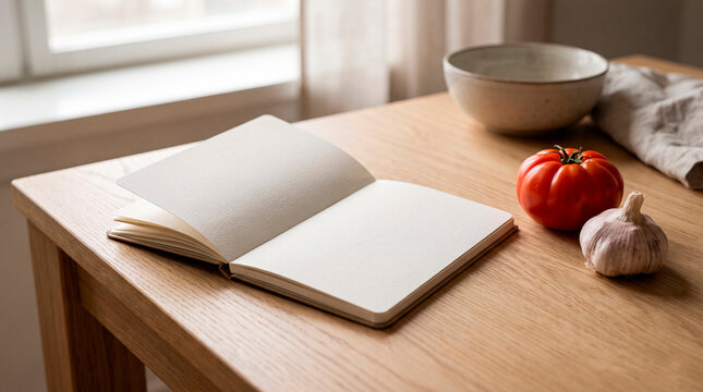 Open blank notebook with tomato and garlic on a wooden table, concept of recipe planning and homemade cooking