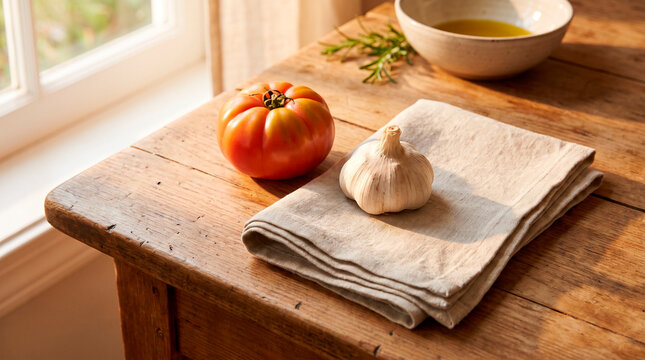 Tomato and garlic on folded linen cloth by the window, concept of fresh ingredients and simple homemade cooking