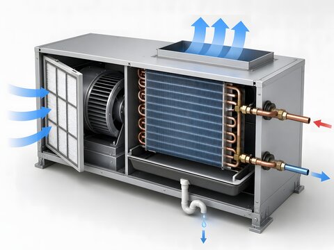 3D Diagram Explaining Fan Coil Unit Internal Structure and Airflow
