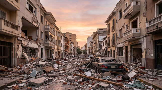 Destroyed city street after magnitude earthquake. Ruined apartment building facade and debris covering road. Urban natural disaster landscape, tragedy and emergency evacuation concept.