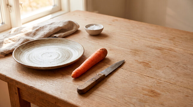 Ceramic plate, carrot and kitchen knife on a wooden table, concept of simple meal preparation and homemade cooking