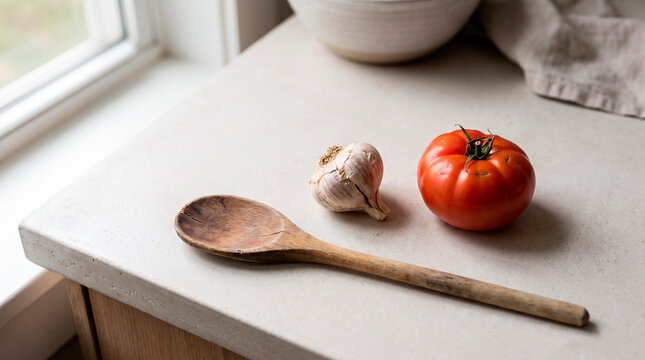 Tomato, garlic and wooden spoon on a kitchen countertop by the window, concept of homemade cooking and simple ingredients