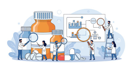 Fototapeta premium Group of tiny scientists conducting research and experiments around giant medicine bottles and pills in a pharmaceutical laboratory.