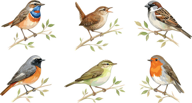 Watercolor Small Songbirds Vector Collection Featuring Bluethroat Wren House Sparrow Redstart Warbler and European Robin Perched on Delicate Branches