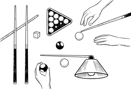 Black and white of billiards equipment, pool cues, balls, and hands playing a game of snooker or pool