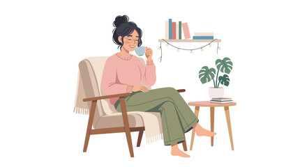 Fototapeta premium Woman sitting comfortably in a modern living room with plants and books