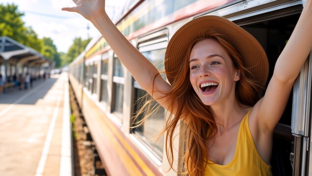 Excited redheaded woman waving from a train window. Happy female traveler in straw hat starting a journey. Summer vacation and adventure concept