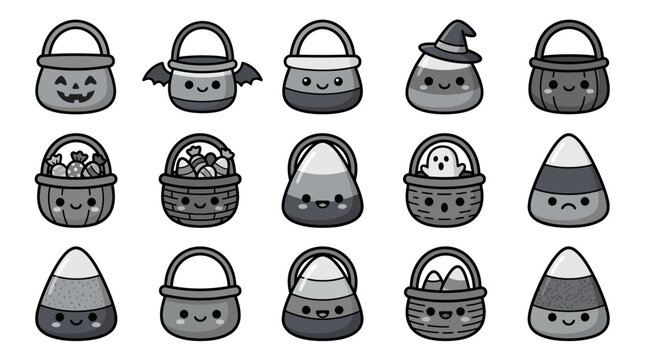 Halloween candy and bucket illustrations in various emotive expressions on white background yu 36