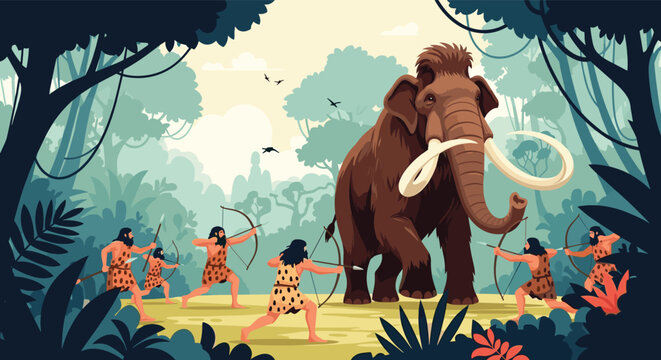 Primitive hunters in animal skins attacking a massive mammoth with spears and bows in a dense prehistoric forest during a sunny day.
