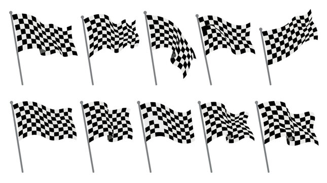 Waving checkered racing flags set for start and finish line signals