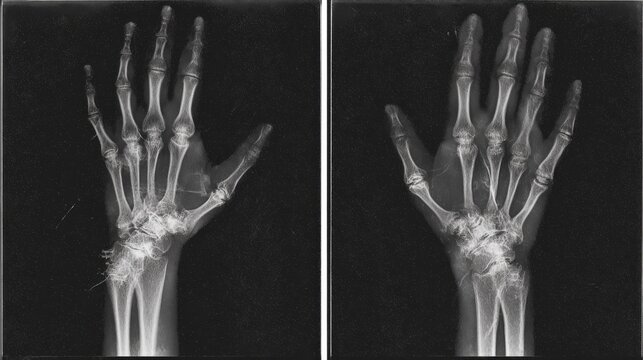 Medical forearm X ray showing severe fractures of radius and ulna with displaced bone fragments in two views, highlighting orthopedic diagnosis, injury examination and healthcare treatment analysis.