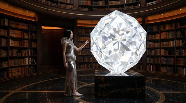 Woman Admiring Illuminated Diamond in Library