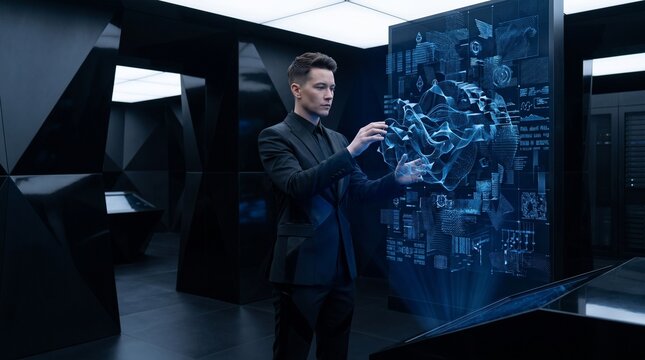Businessman Analyzing Digital Data Visualization Interface
