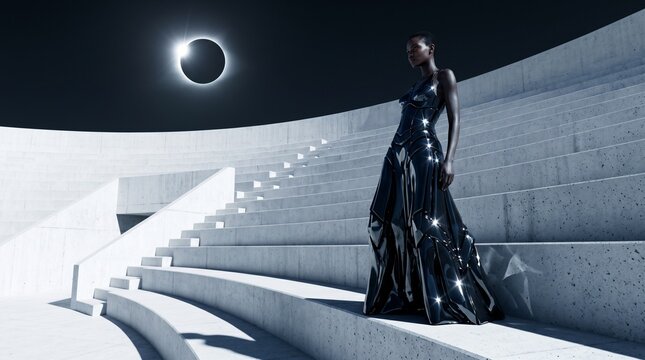 Woman in Futuristic Dress Under Solar Eclipse