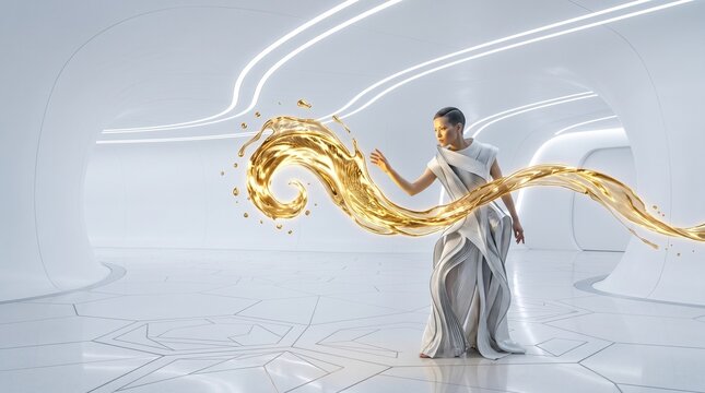 Woman Manipulating Golden Liquid Energy Flow