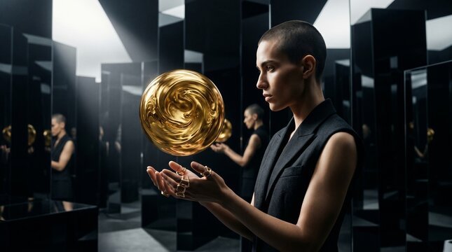 Woman Levitating Golden Sphere in Modern Minimalist Space