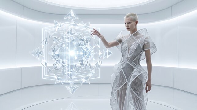 Woman Interacting with Digital Holographic Technology Interface