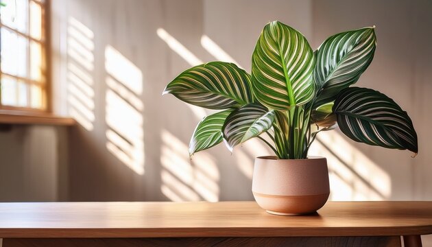calathea orbifolia potted plant on wooden table with natural light and ceramic planter minimalistic decor