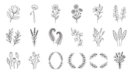 Fototapeta premium Minimalist botanical line art collection, 18 hand drawn floral vector icons, elegant black wildflower sketches and leaf wreaths for wedding branding