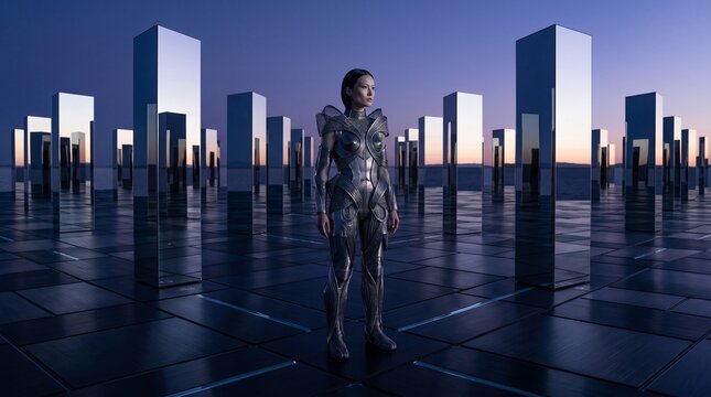Futuristic Woman in Advanced Bodysuit Standing in Digital Cityscape