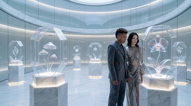 Couple Admiring Holographic Botanical Specimens in Modern Gallery
