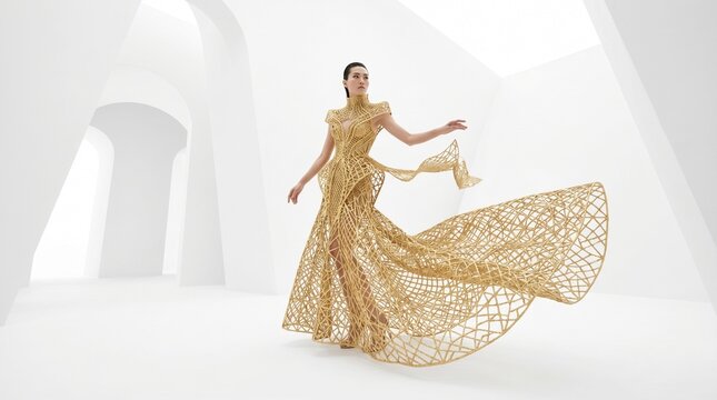 Woman in Golden Geometric Dress with Flowing Train
