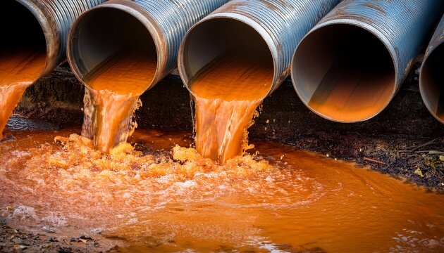 thick orange liquid flowing out of several metal industrial pipes onto the ground