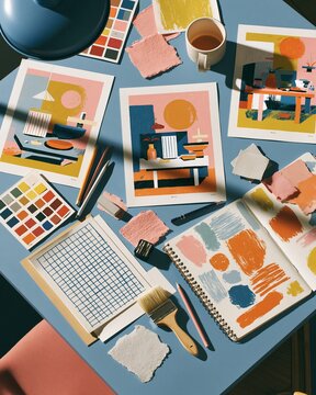 A design trend report desk viewed from above, showing three evolving poster concepts, color swatches, torn paper samples, and sketchbook pages shifting from rigid grid to loose organic layout. The