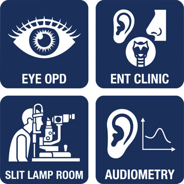 Ophthalmology and ENT department hospital signage icon set, flat vector dark blue signs pack for eye opd, ent clinic, slit lamp room, and audiometry navigation symbols