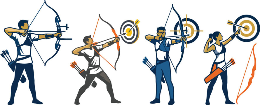 Archery sequence clip art with archers aiming and shooting arrows on a transparent background vector illustration