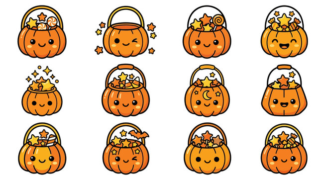 Halloween cartoon pumpkins with smiling faces and candy in baskets on white background, yu (199)