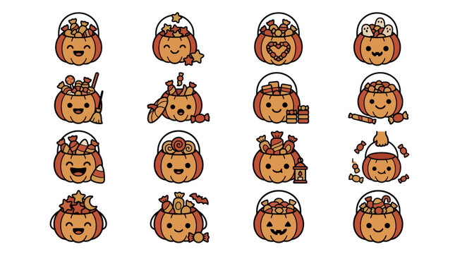 Adorable pumpkin characters with various Halloween-themed accessories on white background yu 202