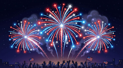 Obraz premium Patriotic fireworks display in red white and blue colors, festive Fourth of July celebration with star shaped pyrotechnics, crowd cheering at night