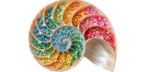 Naklejka premium Vibrant Nautilus Shell Nature's Spiral Filled with a Rainbow of Tiny Orbs, a Display of Organic Design
