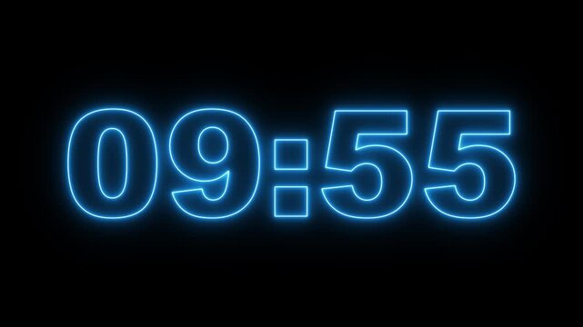glowing neon 10 minute Countdown. neon 10 to 9 minute Countdown timer on black background. neon Countdown timer from 10 minute to 9 minute suitable for presentations, educational. 4k video Animated.