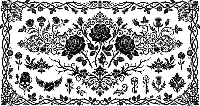 Vintage gothic rose and filigree vector elements set with floral frame borders, dark romantic baroque ornament collection, mystic luxury plant emblem.