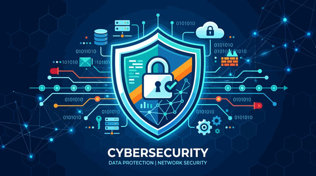 Flat vector cybersecurity shield, data protection and network security


