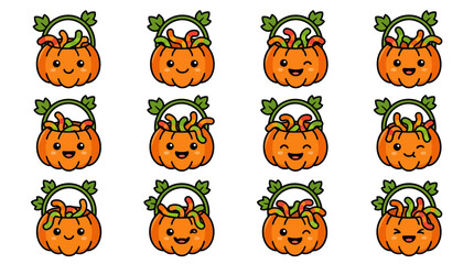 Naklejka premium A digital illustration of twelve smiling pumpkins with baskets filled with candy on a white background yu 213